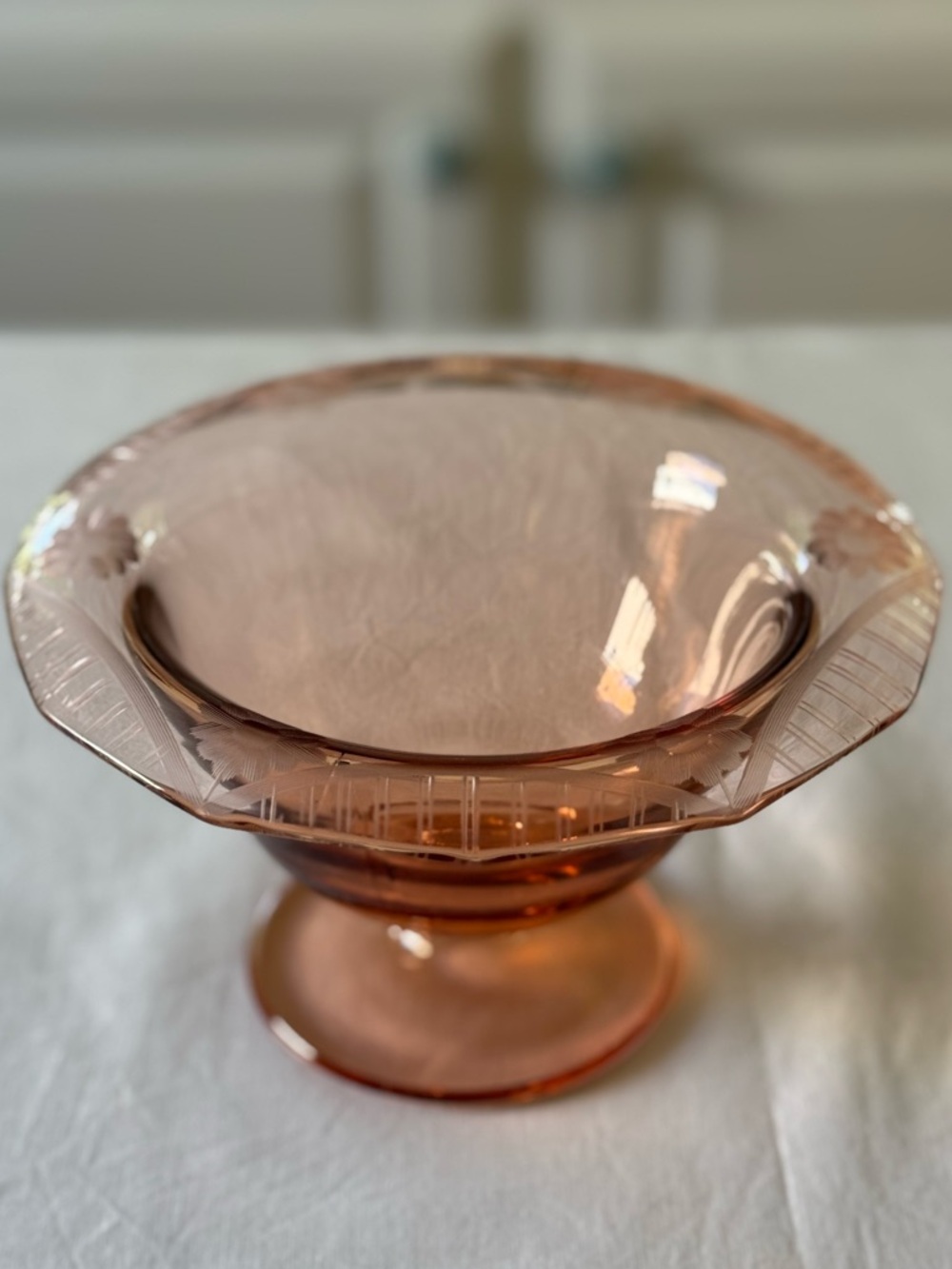 Vintage Pink Depression Glass Footed Compote Bowl | Etched Rolled Rim | 1930s